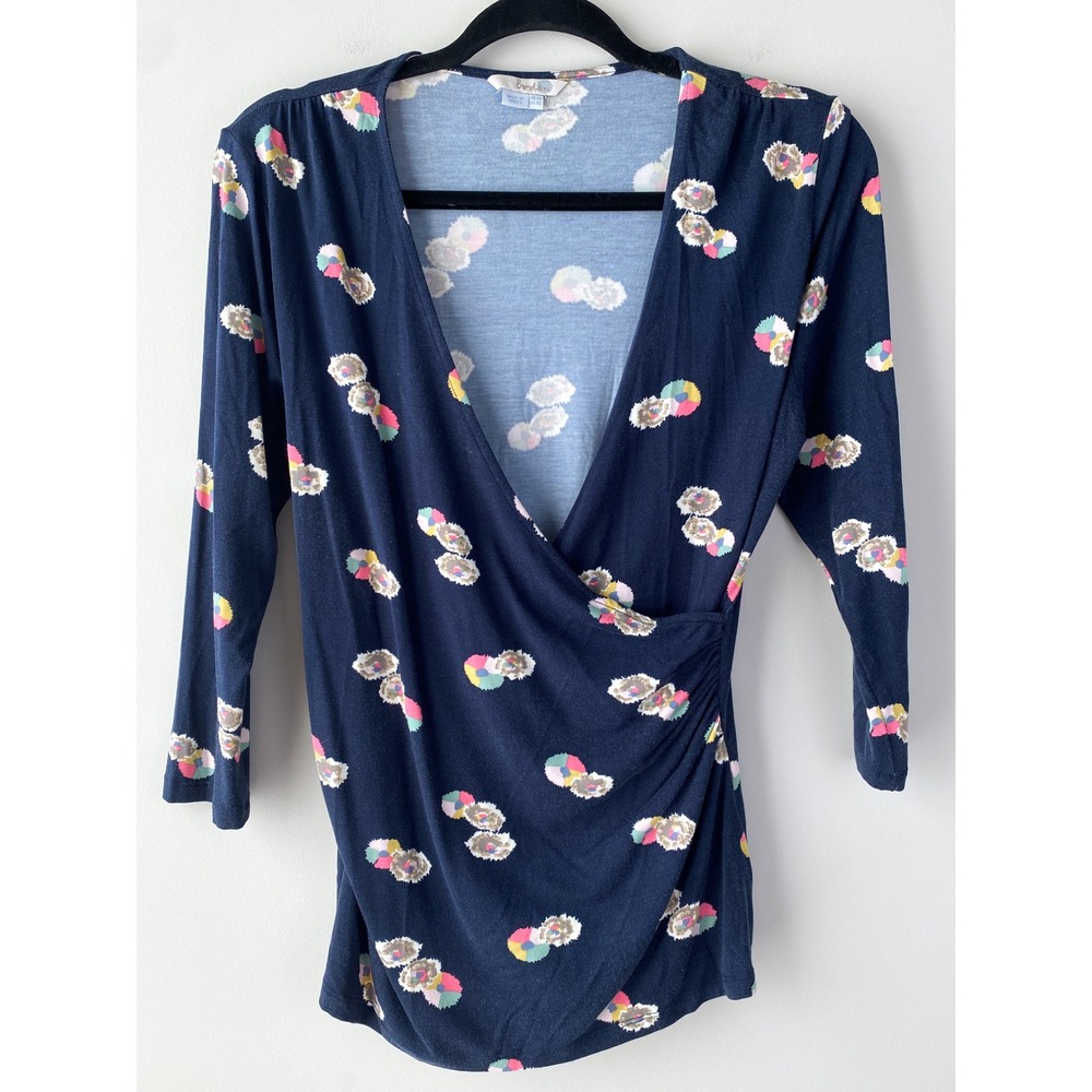 Boden Faux Wrap Blouse 10‎ Navy Printed Stretch Ruched 3/4 Sleeve Preppy Office